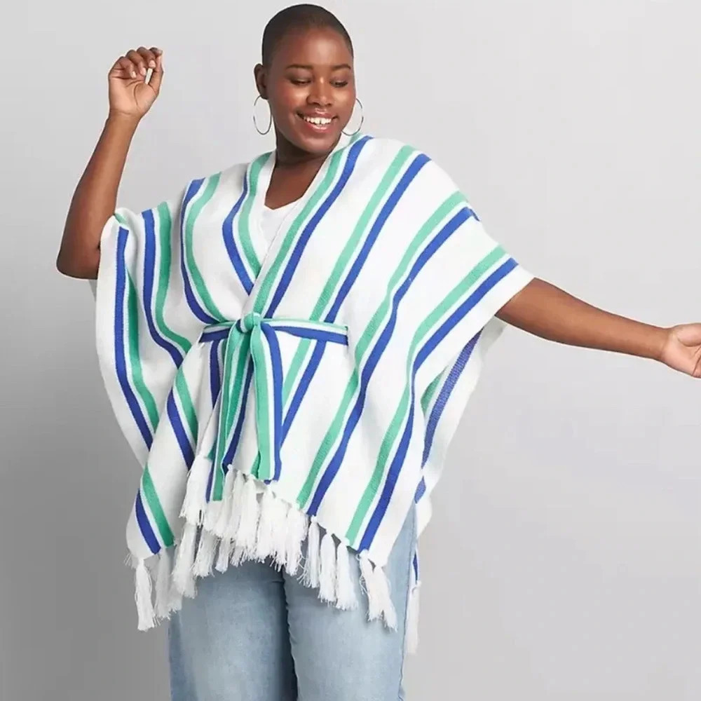 Lane Bryant Plus Size Striped Fringe Poncho. Size 22-28. Like new!